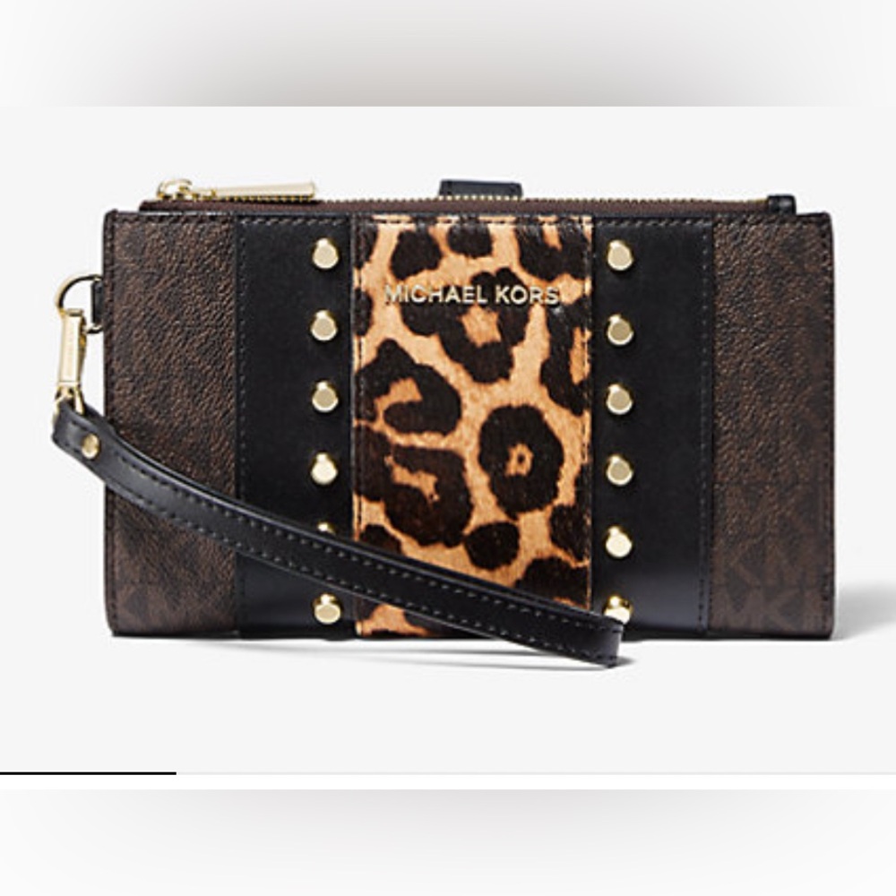 Michael Kors Adele Black and Leopard Print multi function phone case wallet.